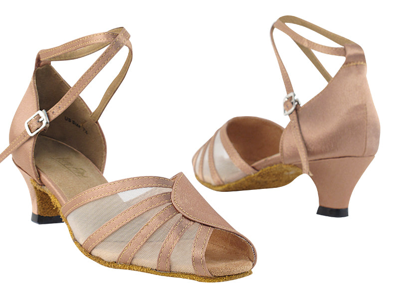 6018 Brown Satin & Flesh Mesh with 1.3" Heel in the photo