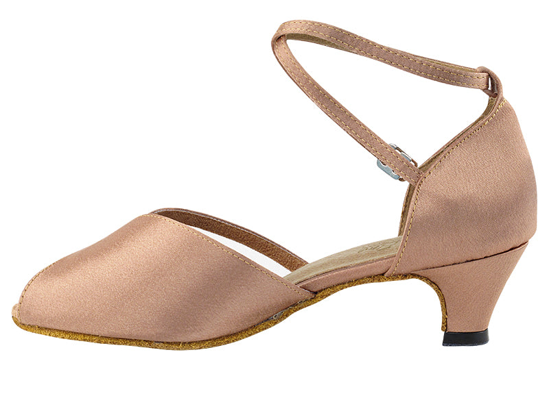 6018 Brown Satin & Flesh Mesh & Cuban Heel