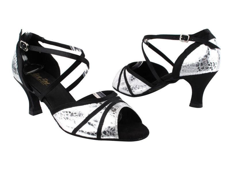 6023 205 Ultra Silver_Black Satin Trim with 2.5" Heel in the photo