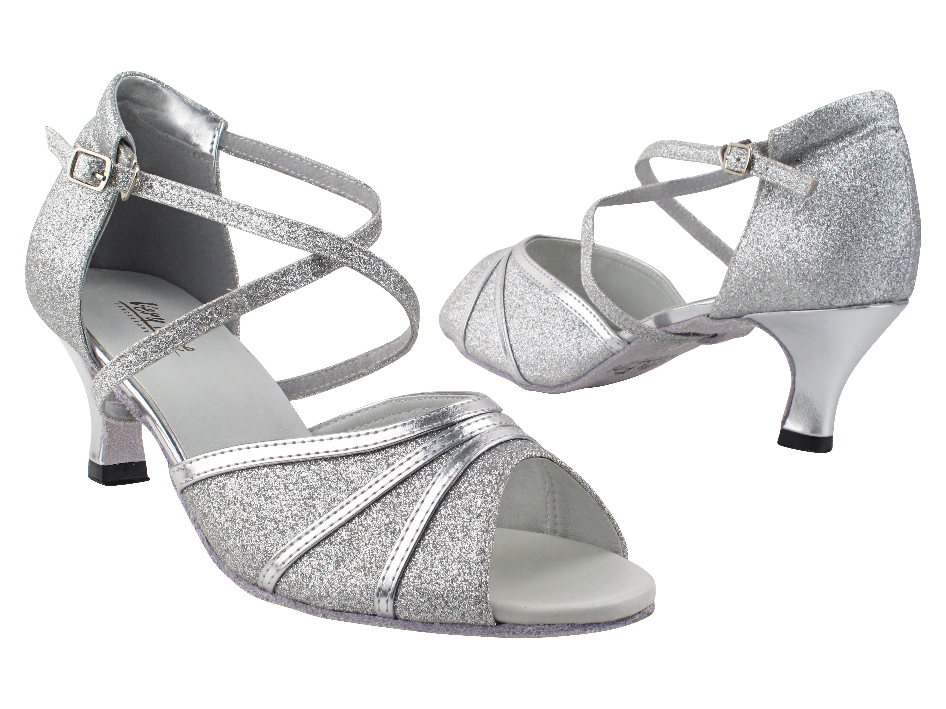 6023 030 Silver Stardust_Silver Leather Trim_X-Strap Arch with Loop with 2.5" Heel (2899) in the photo