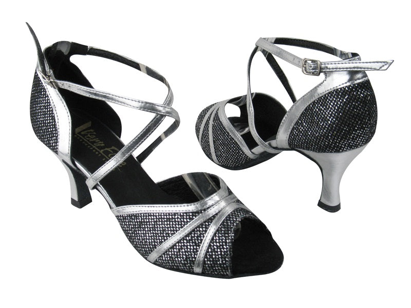 6023 Black Sparklenet_Silver Leather Trim with 2.75" Flare heel in the photo