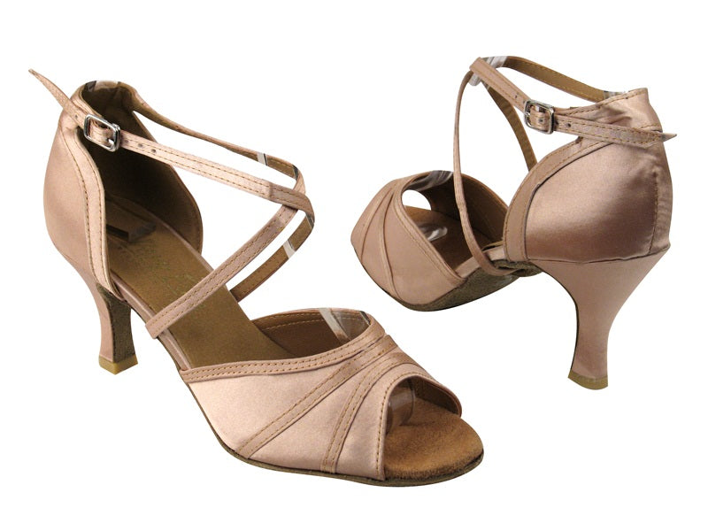6023 Light Brown Satin with 2.75" Flare heel in the photo