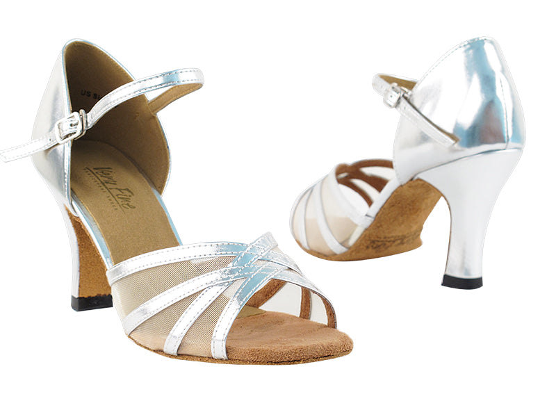 6027 Silver Leather & Flesh Mesh with 3" Heel in the photo