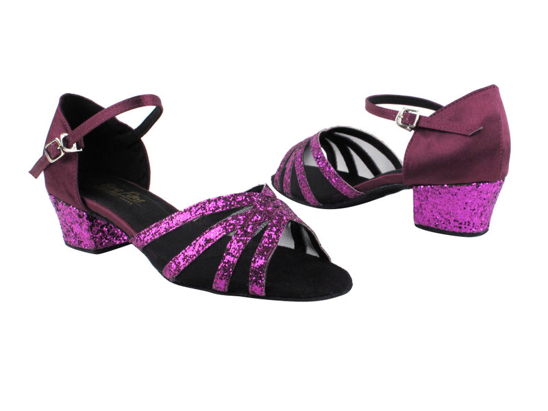 6027 11 Purple Sparkle_F_H_111 Purple Satin_B_Black Mesh with 1.5" Heel in the photo