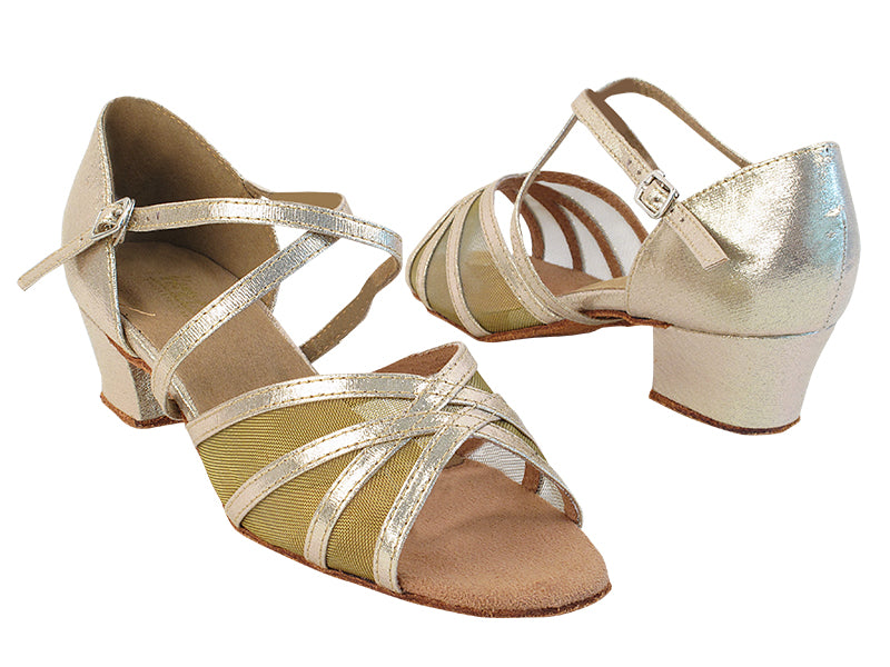 6027 300 Gold Beige Satin_Gold_94 Gold Mesh_X-Arch Strap with 1.5" Medium Heel in the picture