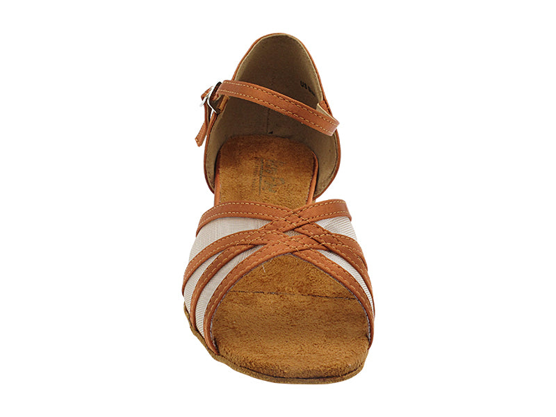 6027FT Dark Tan Satin & Flesh Mesh with 1" Flat Heel in the photo