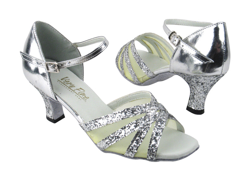 6027 Silver Sparkle_H_Silver Leather_Flesh Mesh with 2.5" low heel in the photo