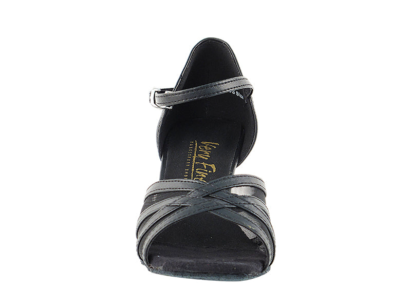 6027 Black Leather & Black Mesh & Thick Cuban Heel