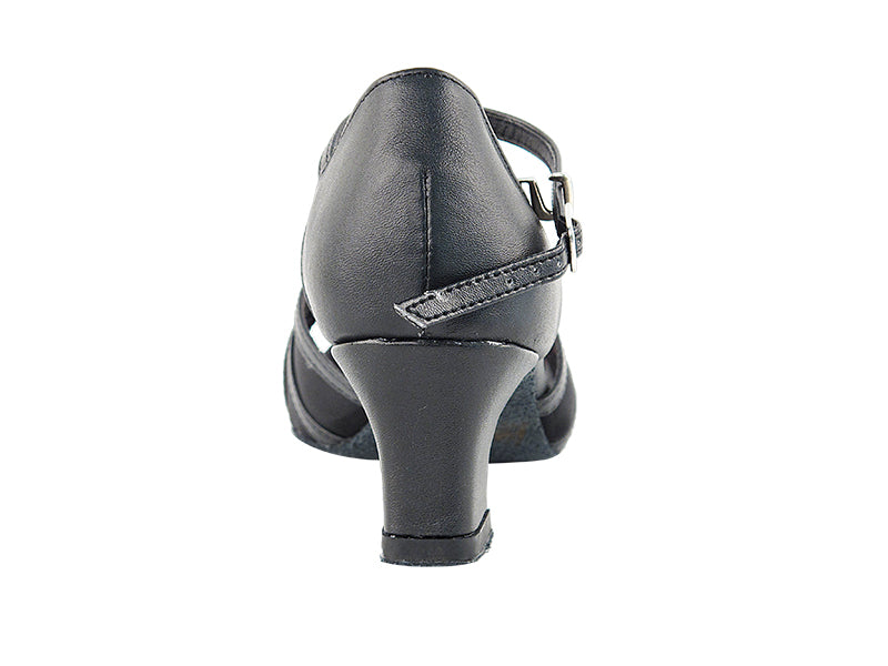 6027 Black Leather & Black Mesh & Thick Cuban Heel