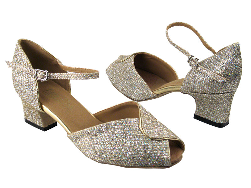 6028 74 Gold Sparklenet & Gold Leather Trim with 2" Thick Cuban Heel in the photo