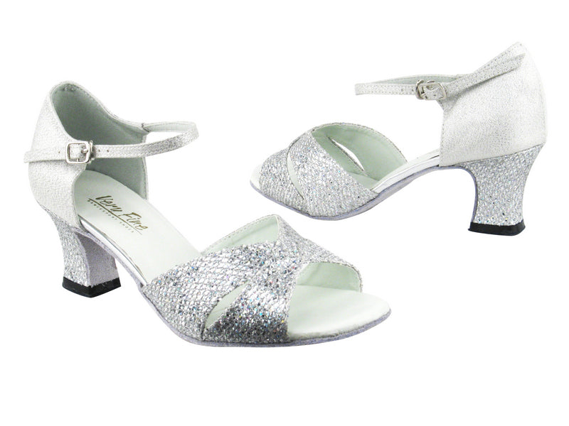 6029 6 Silver Sparklenet_F_H_22 Silver Glitter Satin_B_S with 2.2" Thick Cuban Heel in the photo