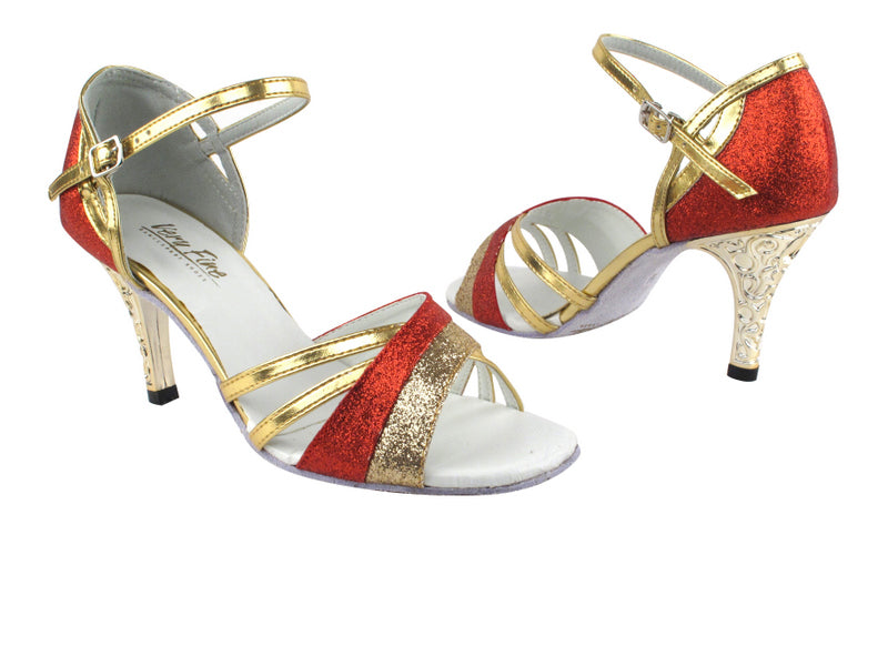 6030 Red Stardust_125 Gold Stardust_1706 BackStrap with 3" Gold Flower Plated Heel in the photo