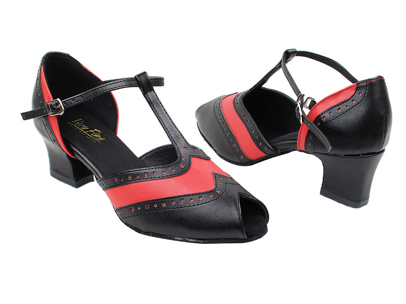 6034 140 Black Leather_211 Red Leather Trim with 2" Thick Cuban Heel in the photo