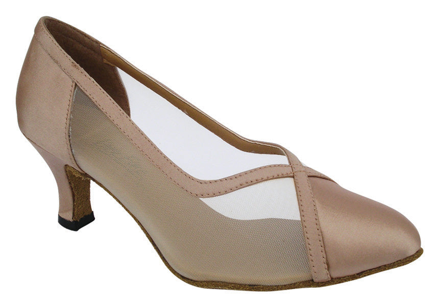 6815 Light Brown Satin & Flesh Mesh with 2.5" low heel in the photo