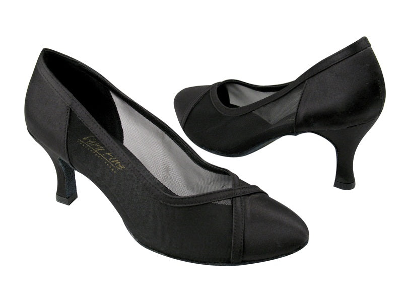 6815 Black Satin_Black Mesh with 2.75" Flare heel in the photo