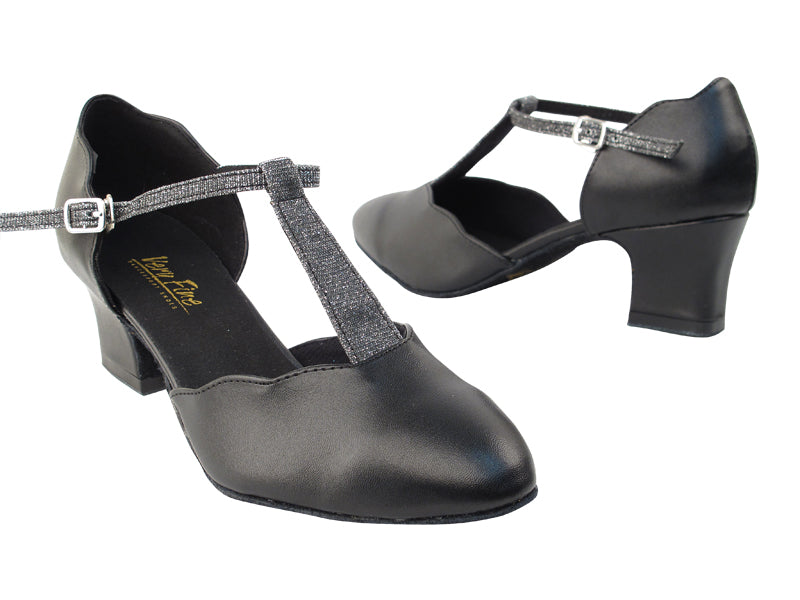 6819 Black Leather_F_B_105 Glitter Black Satin_T with 2" thick cuban heel in the photo