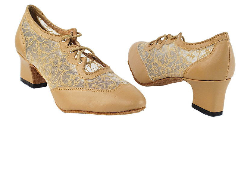 6823 157 Beige Brown Leather_47 Mesh with 2" Thick Cuban Heel in the photo