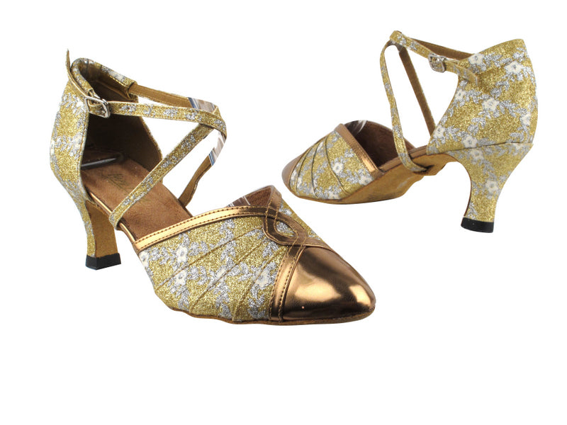 6825B 116 Gold Patent_T_238 Flower Print Gold Stardust_B_S with 2.5" Heel in the photo