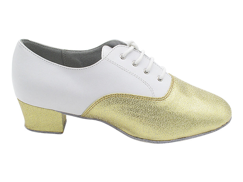 915108 21 Gold Glitter Satin_F_H_18 White Leather_B with Men 1.5" Latin Heel in the photo