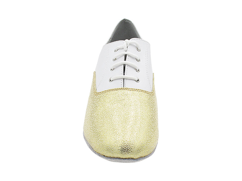 915108 21 Gold Glitter Satin_F_H_18 White Leather_B with Men 1.5" Latin Heel in the photo