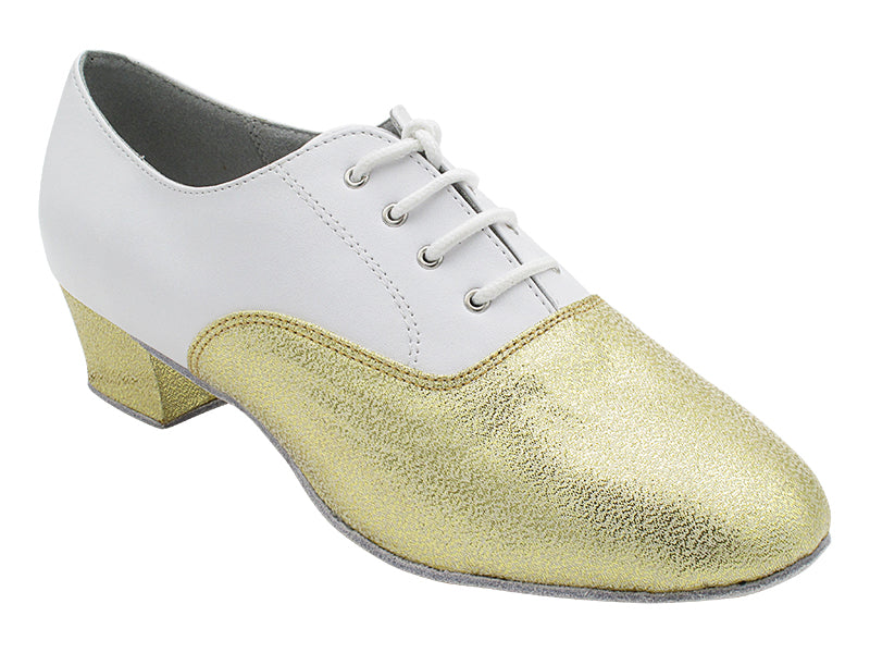 915108 21 Gold Glitter Satin_F_H_18 White Leather_B with Men 1.5" Latin Heel in the photo