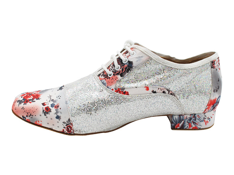 916102LEDSS 175 Grey Red Flower Satin_F_B_ Silver Scale_M with 1" standard heel in the photo