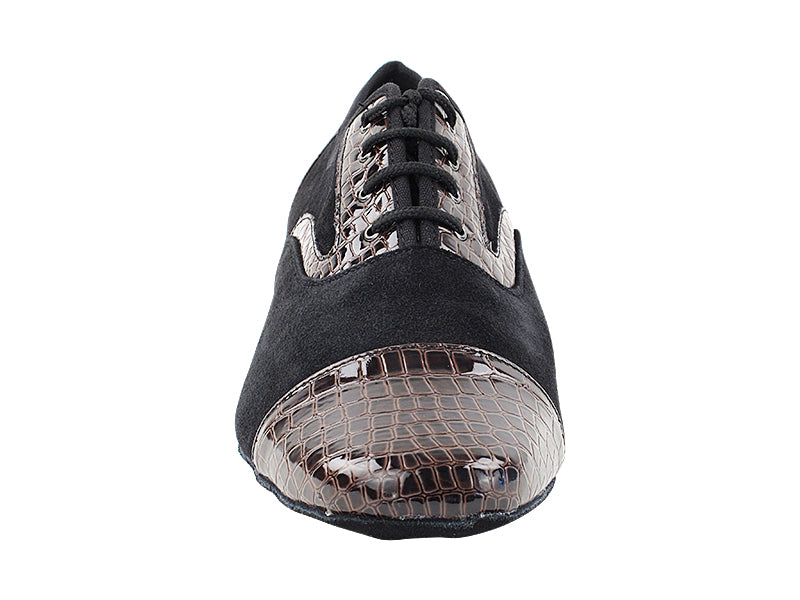 916102 262 Copper Croc Patent_F_B & 244 Black Suede Leather_M with Men 1" Standard Heel (2002) in the photo