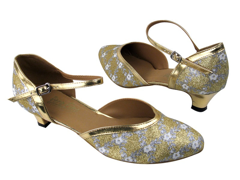 9621 238 Flower Print Gold Stardust_Gold Leather Trim with 1.3" Cuban heel in the photo