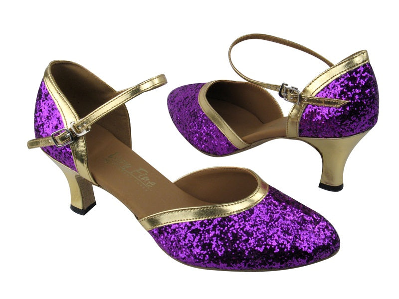 9621 Purple Sparkle_Gold Leather Trim with 2.5" Low heel in the photo
