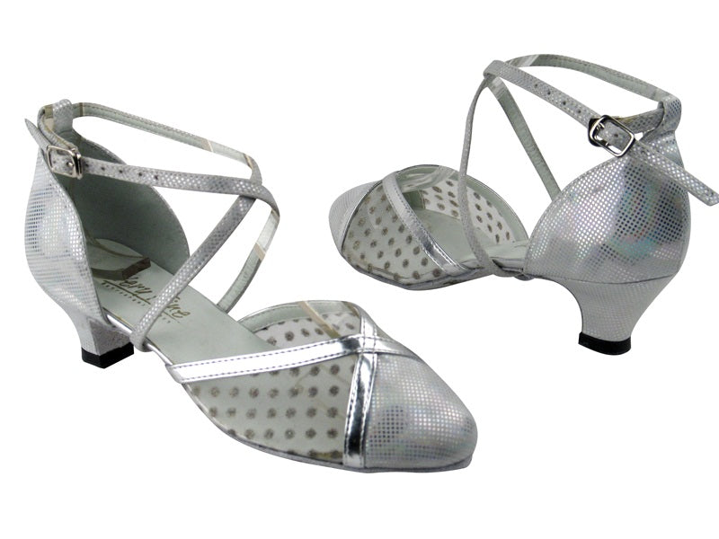 9622 86 Silver Laser Satin_44 Mesh_Silver Leather Trim with 1.3" Cuban heel in the photo