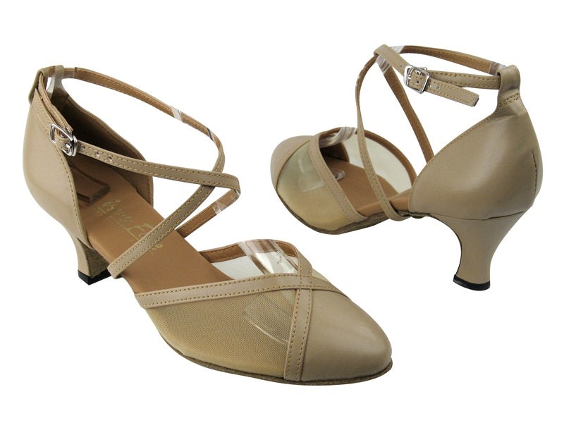 9622 Tan Leather_Flesh Mesh with 2.5" Low heel in the photo