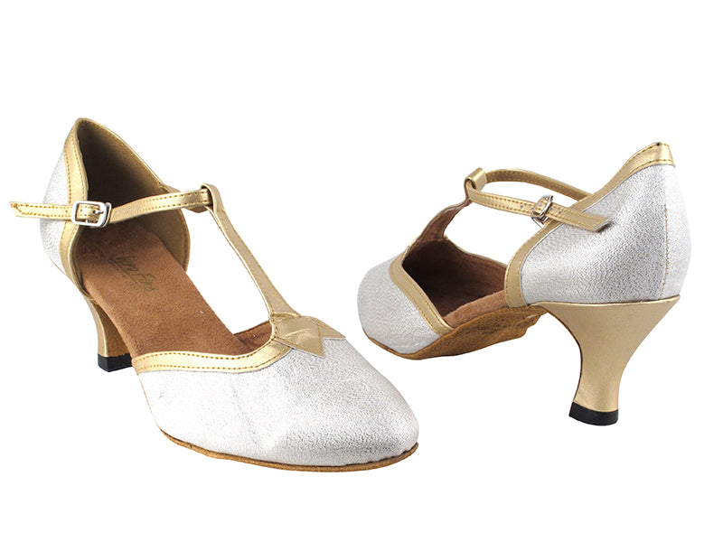 9627 22 Silver Glitter_57 Light Gold PU Trim 2.5" Heel in the photo