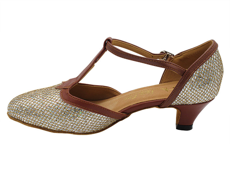 9627 Gold Sparklenet & Coffee Brown PU Trim with 1.3" Cuban Heel (387) in the photo