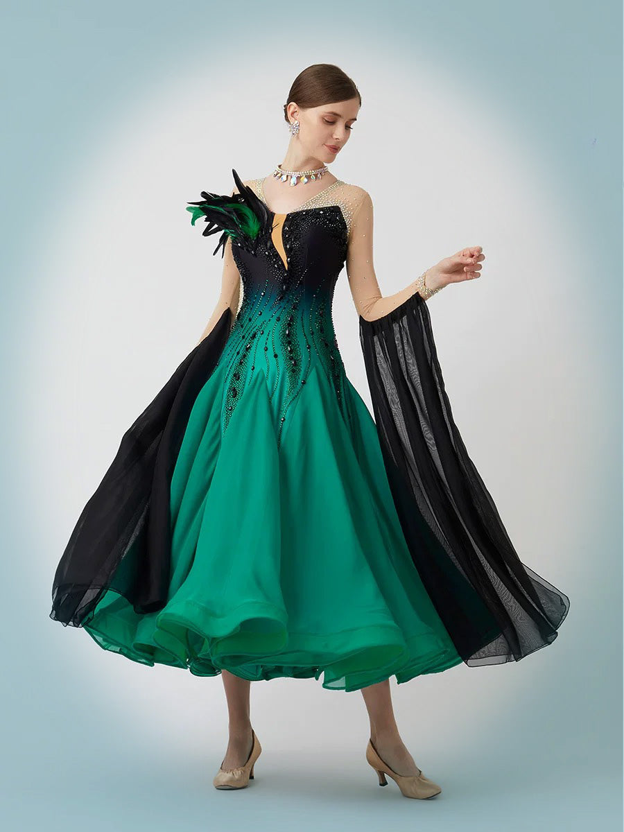 Gradient Standard Ballroom Dance Dress with Feathers and Rhinestones