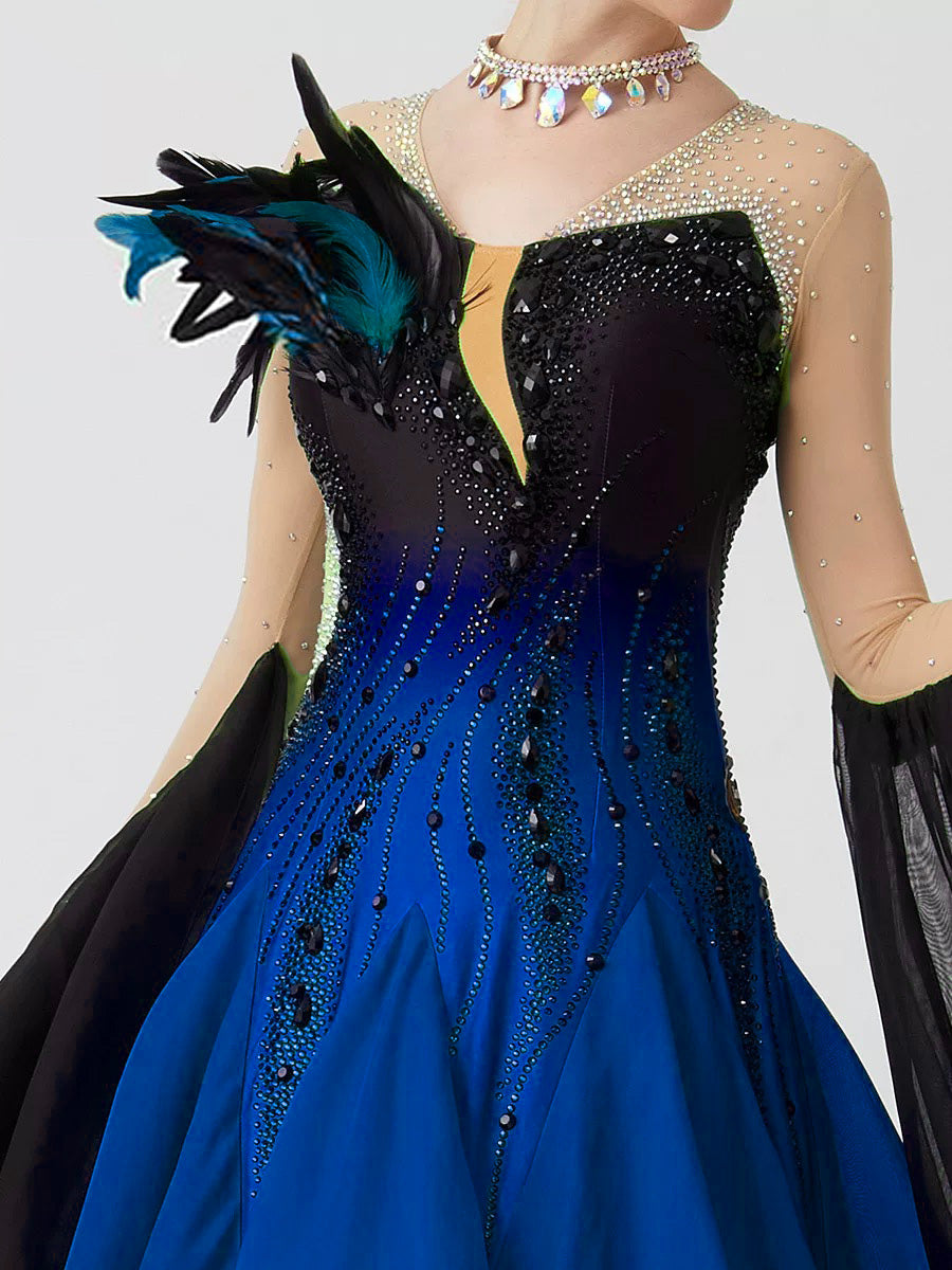 Custom Standard Ballroom Dance Dress with Feathers and Rhinestones