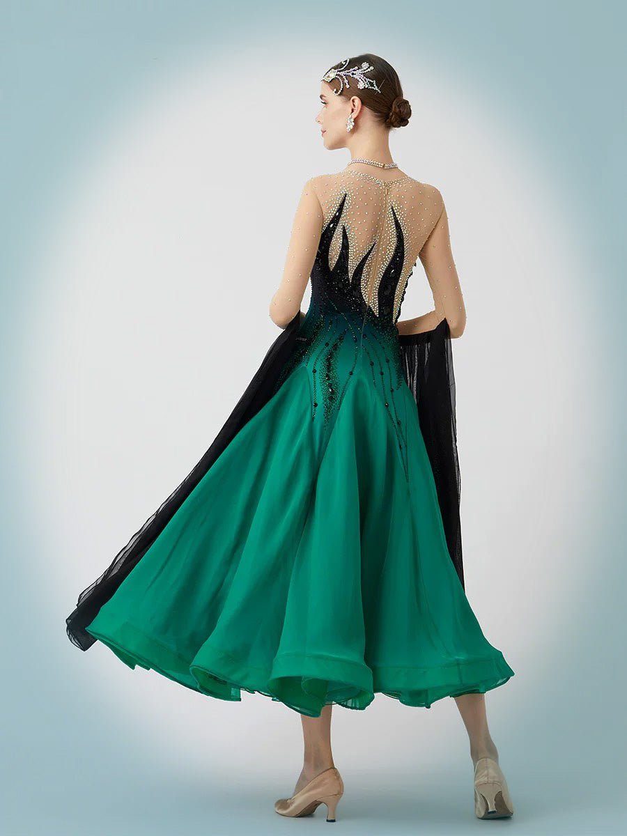 Gradient Standard Ballroom Dance Dress with Feathers and Rhinestones