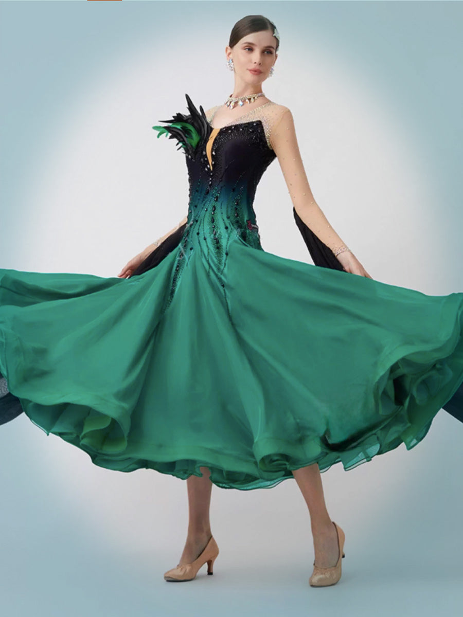 Gradient Standard Ballroom Dance Dress with Feathers and Rhinestones