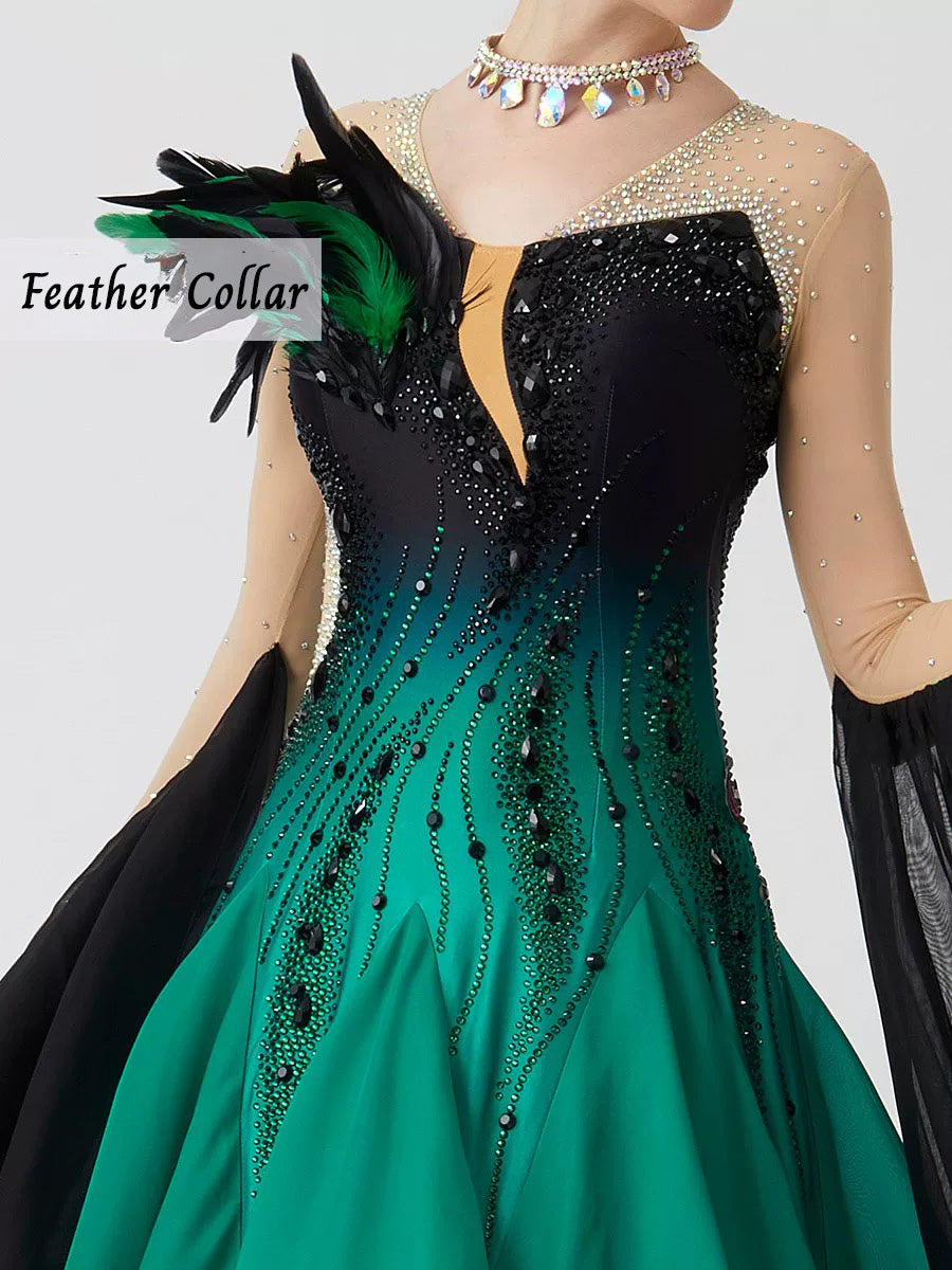 Custom Standard Ballroom Dance Dress with Feathers and Rhinestones