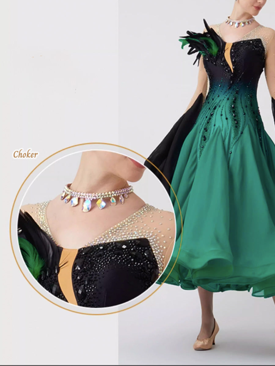 Custom Standard Ballroom Dance Dress with Feathers and Rhinestones