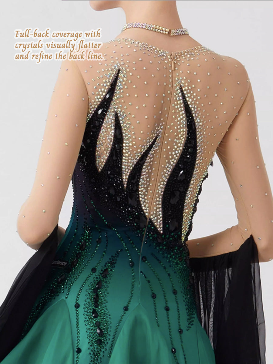 Gradient Standard Ballroom Dance Dress with Feathers and Rhinestones