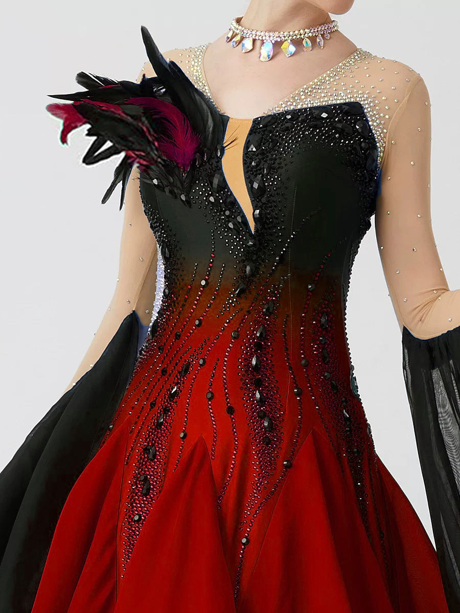 Custom Standard Ballroom Dance Dress with Feathers and Rhinestones