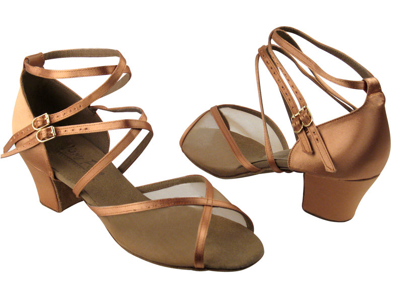 C1630 BD7 Tan Satin & Flesh Mesh with 1.6" Heel in the photo