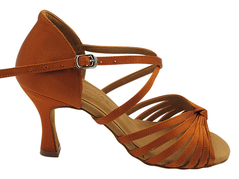 C6007X Copper Tan Satin with 3" Flare Heel in the photo