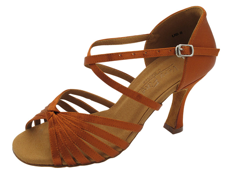 C6007X Copper Tan Satin with 3" Flare Heel in the photo