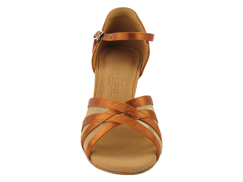 C6027 Copper Tan Satin & Flesh Mesh with 2.5" Spool Heel in the photo