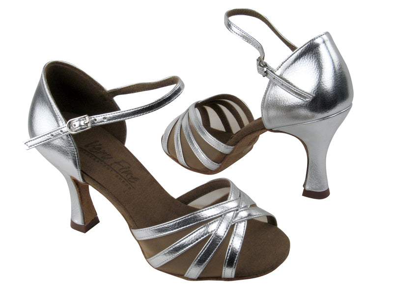 C6027 BA32 Silver Leather_Flesh Mesh with 3" Flare heel in the photo