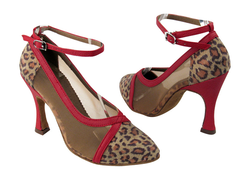 C6815 Leopard Satin Red Light Leather Trim_Swing001 Strap with 3.5" Flare heel in the photo