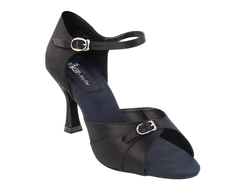 CD2158 Black Satin with 3" Flare heel in the photo