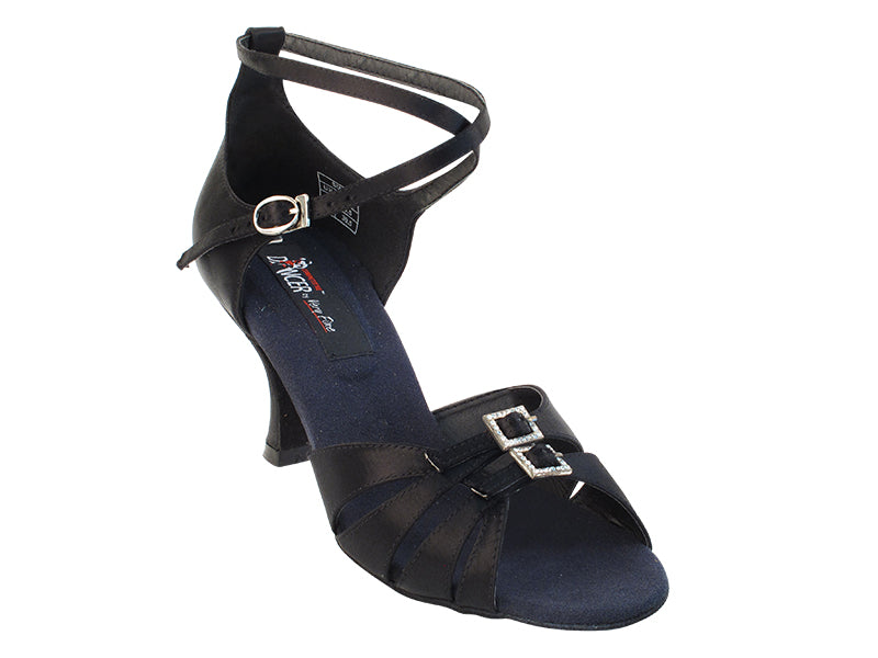 CD2176 Black Satin with 3" Flare heel in the photo