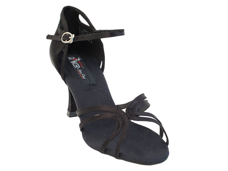 CD2177 Black Satin with 3" Flare heel in the photo
